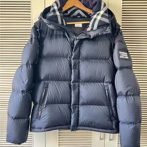 Burberry Dark Blue Puffer Jacket with Check Hood